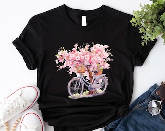 Cherry Blossom Tree and Bike Shirt, Japanese Cherry Blossoms Unisex Women's Minimalist Tee for Women Outdoors Spring Flowers Tee