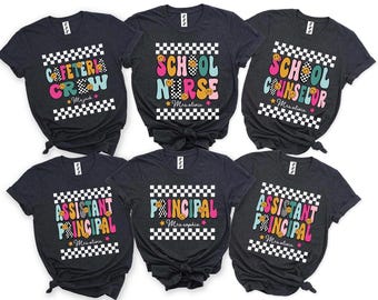 Camisetas personalizadas para el personal escolar, camisetas a cuadros para el personal escolar, camisetas de consejero escolar, camisetas personalizadas para subdirector y camisetas de enfermera escolar.