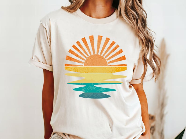 Camiseta retro con ondas de rayos de sol, colores cómodos, retro con sol, vintage con atardecer, playera con ambiente playero, rayos de sol, atardecer imagen 1