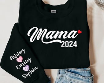 Custom Mama Sweatshirt with Kids Name on Sleeve, Personalized Mom Sweatshirt, Mothers Day Gift, Birthday Gift for Mom, Mama Sweatshirt