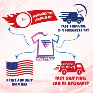 various icons and text related to fast shipping and logistics services, including a clock, a delivery truck, an American flag, and a teeshaft logo.