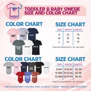 The image is a color and size chart for toddler and baby onesies. It displays various color options and corresponding size charts for different age groups, including light pink, sport gray, navy blue, black, and red. The chart provides measurements in inches for each color and size, and notes that comfort colors and gildan t-shirt prices are different.