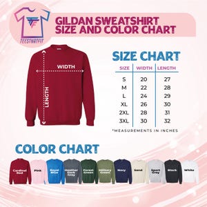 The image is a size and color chart for a GILDA sweatshirt. It includes a red sweatshirt with measurements and a color chart displaying various colored shirts.