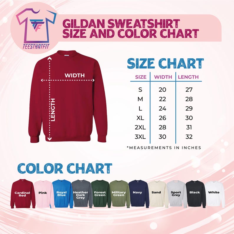 The image is a size and color chart for a GILDA sweatshirt. It includes a red sweatshirt with measurements and a color chart displaying various colored shirts.