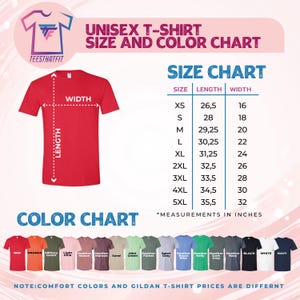 The image is a T-shirt size and color chart, which includes a red T-shirt and a color chart with various colored T-shirts. The chart provides size and color information for different shirt sizes and colors, such as red, white, green, and black. The chart also includes a note that comfort colors and gilt T-shirt prices are different.