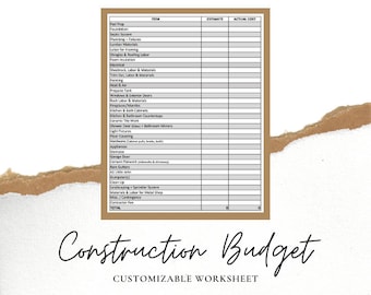 May include: A printable construction budget worksheet with columns for item, estimate, and actual cost. The worksheet includes a comprehensive list of common construction items, such as foundation, plumbing, roofing, and landscaping.