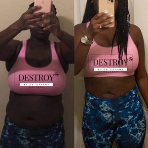 May include: A comparison image showing a person in a pink sports bra with the word "DESTROY" and blue patterned leggings. The image shows a before-and-after transformation, highlighting changes in body shape and appearance.