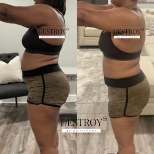 Puede incluir: Comparación lado a lado de una persona con ropa deportiva. La persona lleva un sujetador deportivo negro y pantalones cortos dorados y negros. El texto "DESTROY" es visible en la imagen.