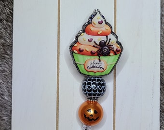 Halloween Cupcake Nurse Badge Reel, Spider, Fall Badge Reel, Accent Beads