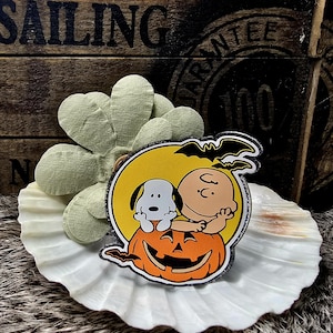 May include: A colorful Halloween-themed sticker featuring Snoopy and Charlie Brown on a jack-o'-lantern with a yellow moon and bats. The sticker is placed on a white seashell with a green succulent and a wooden background.
