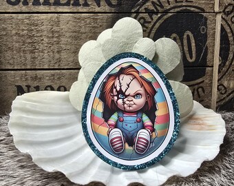 Distintivo arrotolabile per studio medico con infermiere e uovo di Pasqua Chucky