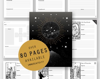 May include: A black and white tarot card journal with over 80 pages. The cover features a black background with a white circle and stars. The text "Over 80 Pages Available Immediately!" is written in gold on a yellow circle.