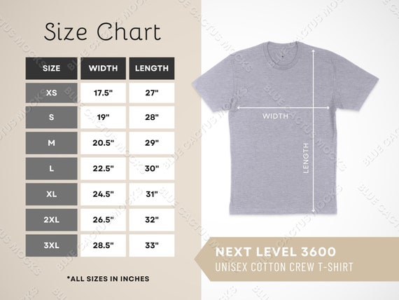 Next Level 3600 Size Chart T-shirt Sizing Guide for Unisex - Etsy