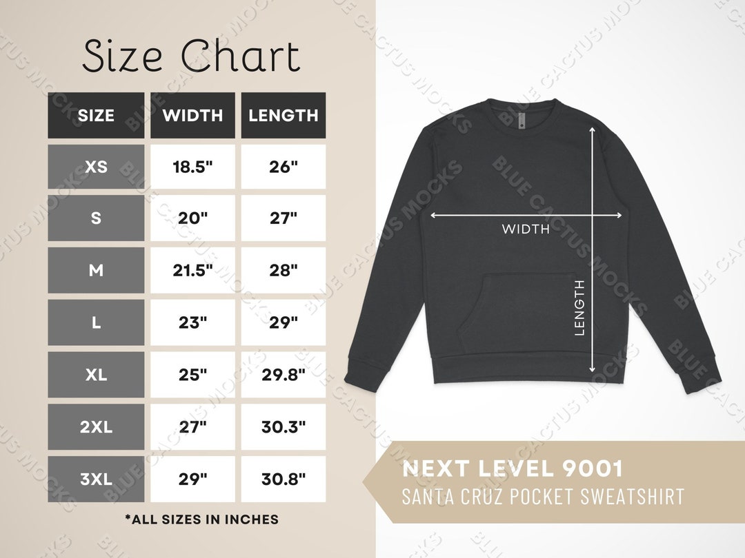 Next Level 9001 Size Chart Sizing Guide for Unisex Santa Cruz - Etsy ...