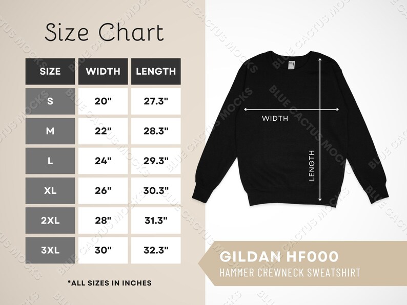 Gildan HF000 Size Chart Sizing Guide for Hammer Crewneck Etsy