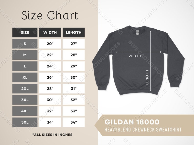 Gildan 18000 Size Chart, Sizing Guide for Heavyblend Crewneck ...