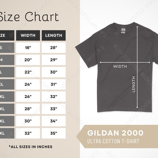 Gildan 2000 Size Chart, T-Shirt Sizing Guide for Ultra Cotton Adult Crew Neck Tee, JPG Design Template, 2000 Mockup Gallery Photo