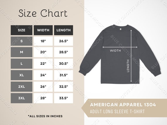 American Apparel 1304 Size Chart, Sizing Guide for Adult Long Sleeve Tee,  JPG Design Template, T Shirt Mockup Gallery Photo