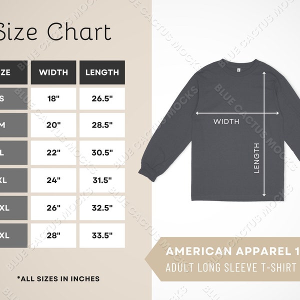 American Apparel 1304 Size Chart, Sizing Guide for Adult Long Sleeve Tee, JPG Design Template, T Shirt Mockup Gallery Photo