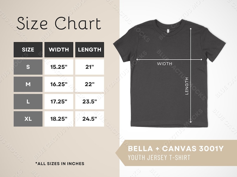 Bella Canvas 3001Y Size Chart T-shirt Sizing Guide for Youth - Etsy