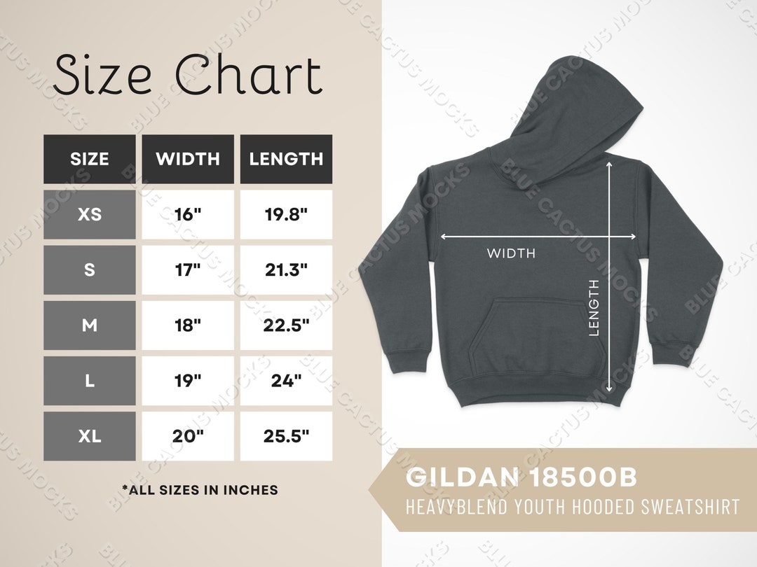 Gildan 18500B Size Chart, Sizing Guide for Heavyblend Youth Hoodie, JPG