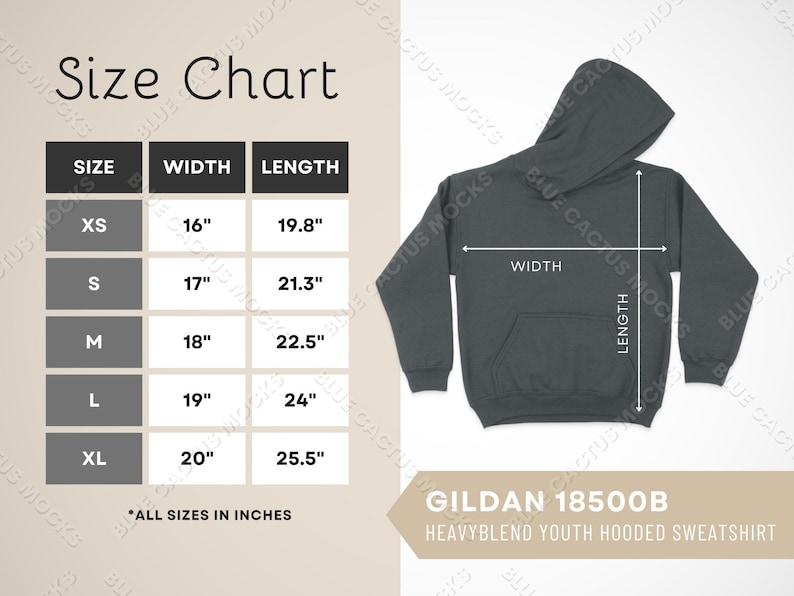 Gildan 18500B Size Chart, Sizing Guide for Heavyblend Youth Hoodie, JPG