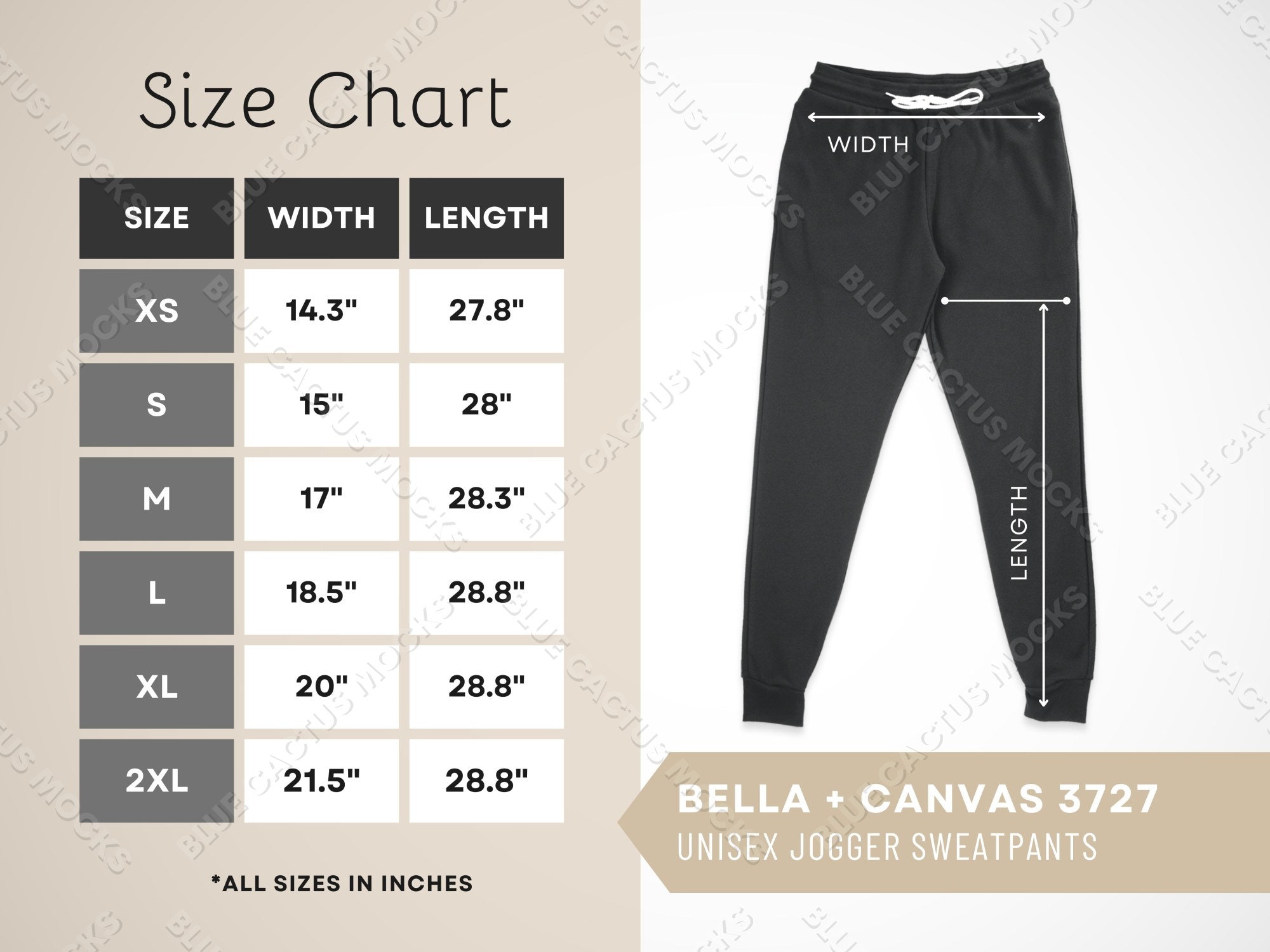 Bella Canvas 3727 Size Chart - 3727 Unisex Joggers Size Table - Bella  Canvas 3727 Mockup and Size Guide, White background