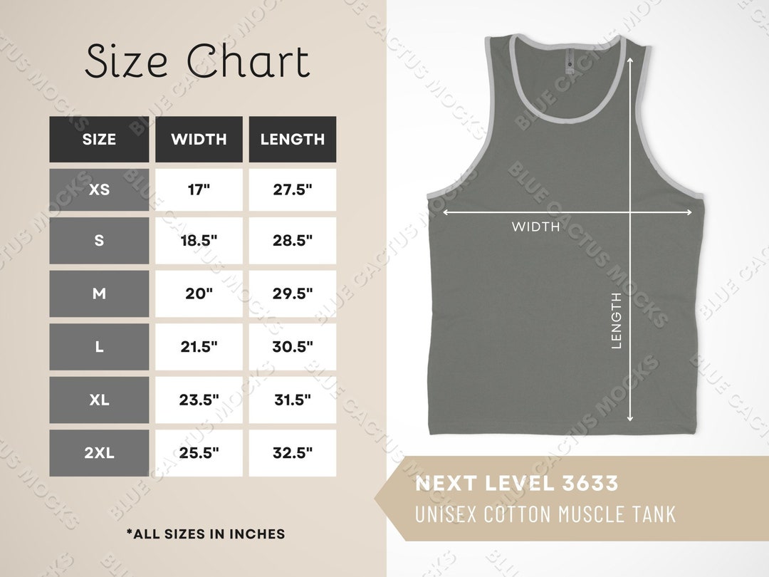 Next Level 3633 Size Chart, Sizing Guide for Unisex Cotton Muscle Tank ...