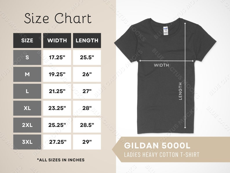Gildan 5000L Size Chart, T-shirt Sizing Guide for Ladies Heavy Cotton ...