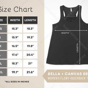 Tabla de tallas de Bella Canvas 8800, guía de tallas para tanque de espalda cruzada fluida para mujer, plantilla de diseño JPG, foto de galería de maquetas de camiseta