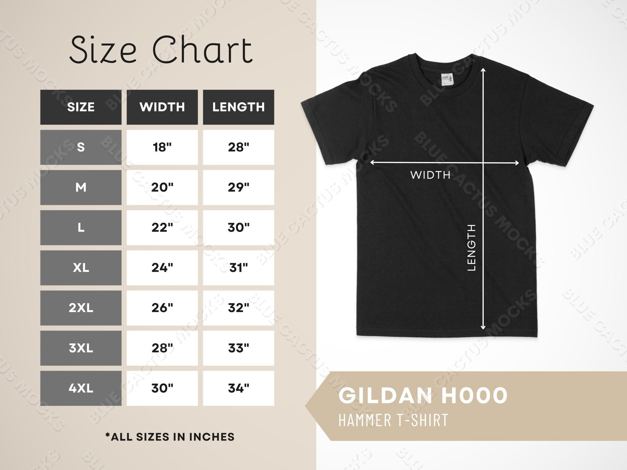 Gildan H000 Size Chart, T-shirt Sizing Guide for Hammer Adult Crew Neck ...