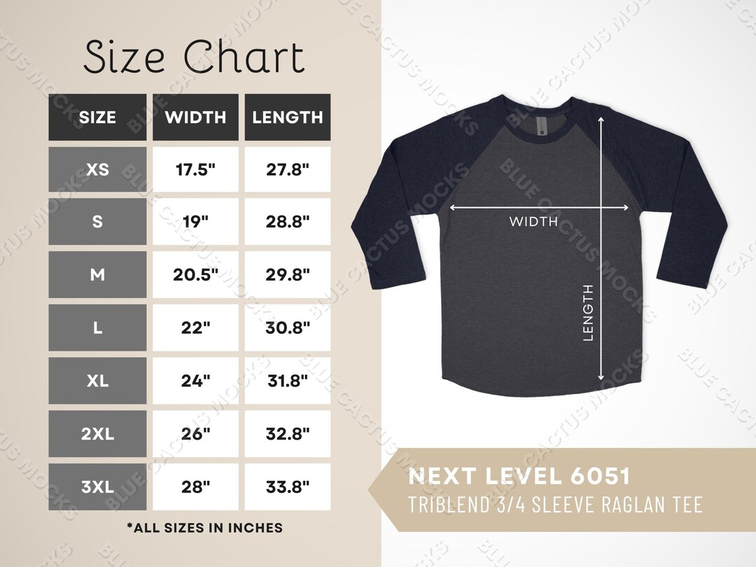 Next Level 6051 Size Chart, Sizing Guide for Unisex Triblend 3/4 Sleeve ...