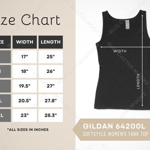 Gildan 64200L Tabla de tallas, guía de tallas para camiseta sin mangas Softstyle para mujer, plantilla de diseño JPG, foto de la galería de maquetas de camiseta