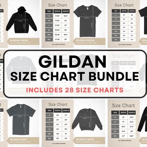 Paquete de tablas de tallas de Gildan / 28 tablas de tallas a granel para camisetas, sudaderas con capucha, suéteres, mangas largas y musculosas / Plantilla de diseño de maqueta en formato JPG
