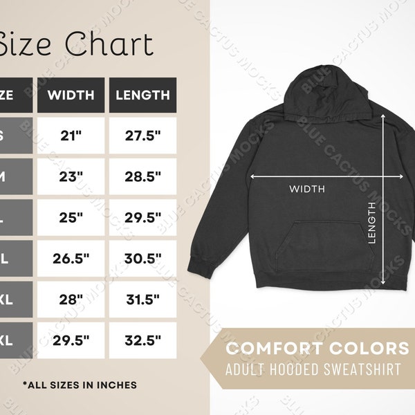 Comfort Colors 1567 Size Chart, Sizing Guide for Adult Hooded Sweatshirt, JPG Design Template, Hoodie Mockup Gallery Photo
