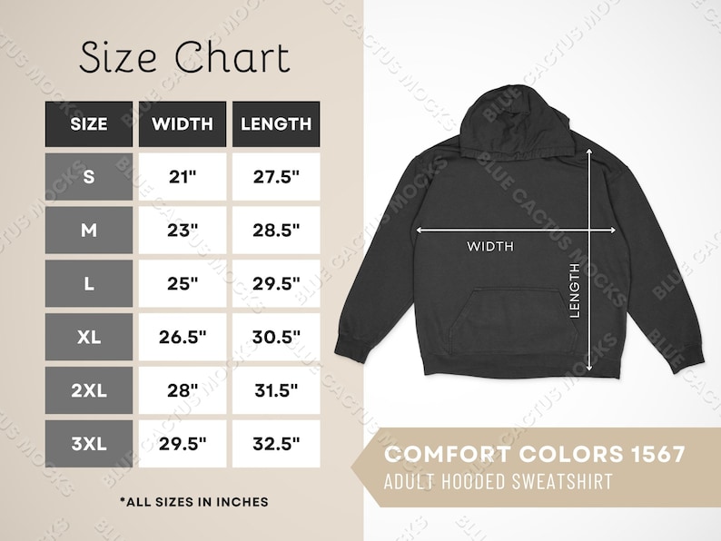 Comfort Colors 1567 Size Chart, Sizing Guide for Adult Hooded