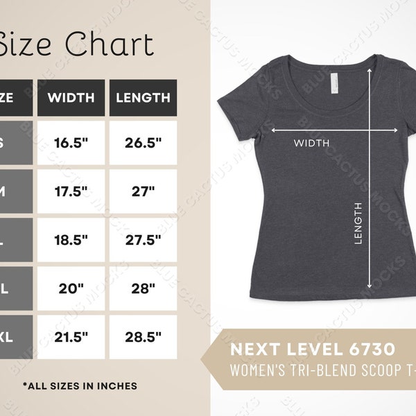 Next Level 6730 Size Chart, T-Shirt Sizing Guide for Womens Triblend Scoop Neck Tee, JPG Design Template, 6730 Mockup Gallery Photo