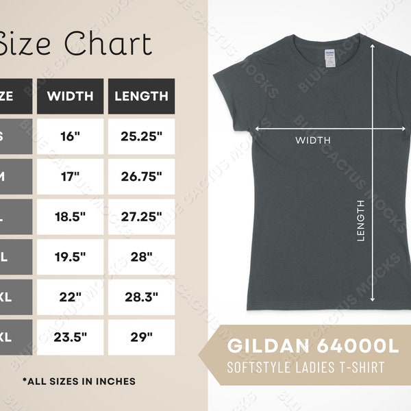 Gildan 64000L Size Chart, T-Shirt Sizing Guide for Softstyle Ladies Tee, JPG Design Template, 64000L Mockup Gallery Photo