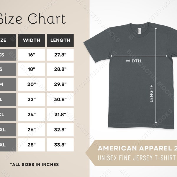 American Apparel 2001 Size Chart, T-Shirt Sizing Guide for Unisex Fine Jersey Tee, 2001 JPG Design Template, Mockup Gallery Photo