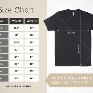 Next Level 6210 CVC Size Chart, T-Shirt Sizing Guide for Unisex CVC Crew Tee, JPG Design Template, 6210cvc Mockup Gallery Photo