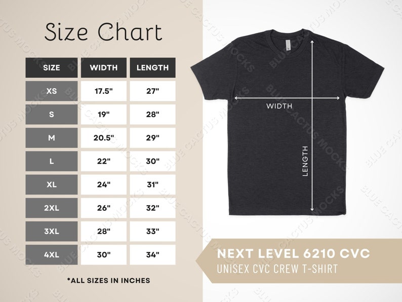 Next Level 6210 CVC Size Chart, T-shirt Sizing Guide for Unisex CVC ...