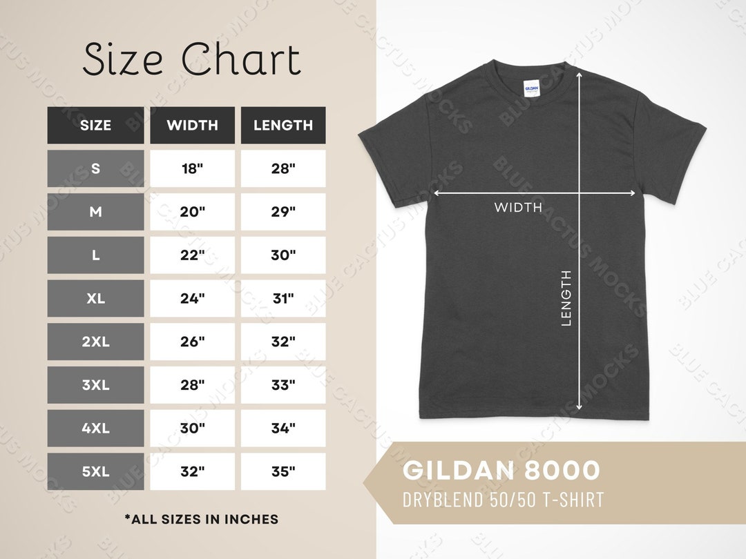 Gildan 8000 Size Chart T-shirt Sizing Guide for Dryblend - Etsy