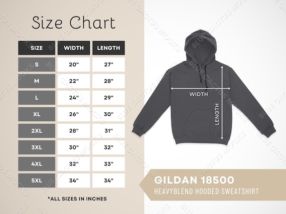 Gildan 18500 Size Chart Sizing Guide for Heavyblend Hooded - Etsy