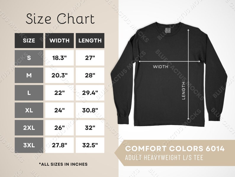 Comfort Colors 6014 Size Chart, Sizing Guide for Adult Heavyweight Long ...
