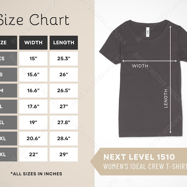 Next Level 1510 Size Chart, T-Shirt Sizing Guide for Womens Ideal Crew Tee, JPG Design Template, 1510 Mockup Gallery Photo