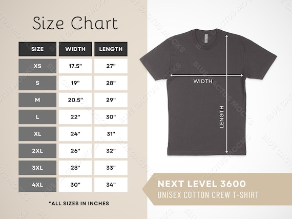 Next Level 3600 Size Chart T-shirt Sizing Guide for Unisex -  UK