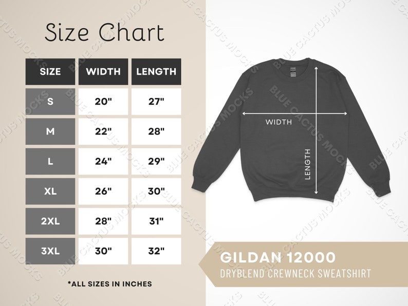 Gildan 12000 Size Chart, Sizing Guide for Dryblend Crewneck Sweatshirt ...