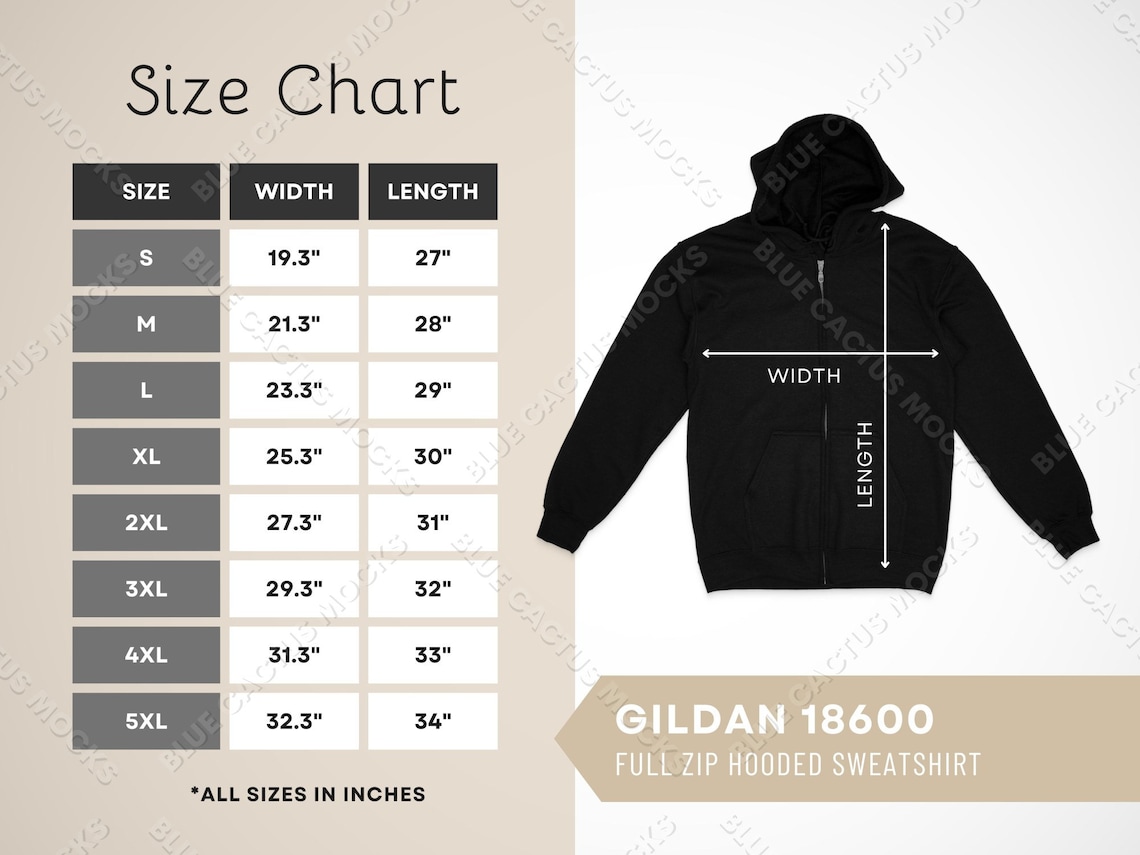 Gildan 18600 Size Chart Sizing Guide for Full Zip Hooded - Etsy Norway