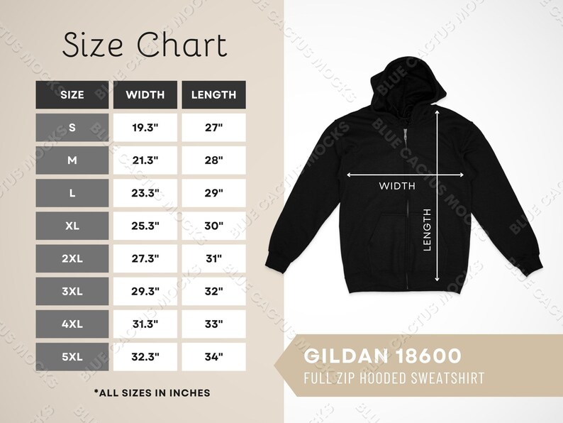 Gildan 18600 Size Chart, Sizing Guide for Full Zip Hooded Sweatshirt ...