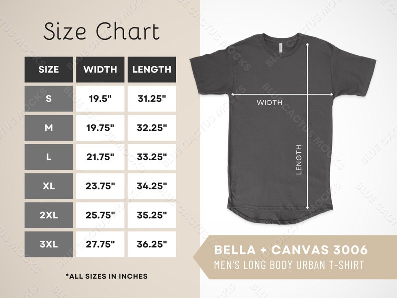 Bella Canvas 3006 Size Chart, T-shirt Sizing Guide for Mens Long Body ...